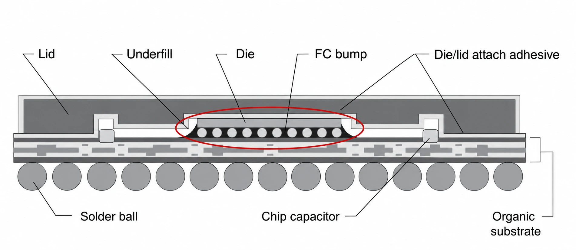 Obecný řez flip-chip pouzdrem. Červený ovál označuje vnitřní kontakty pod křemíkovým čipem; velké vnější BGA kuličky jsou dole pod substrátem.